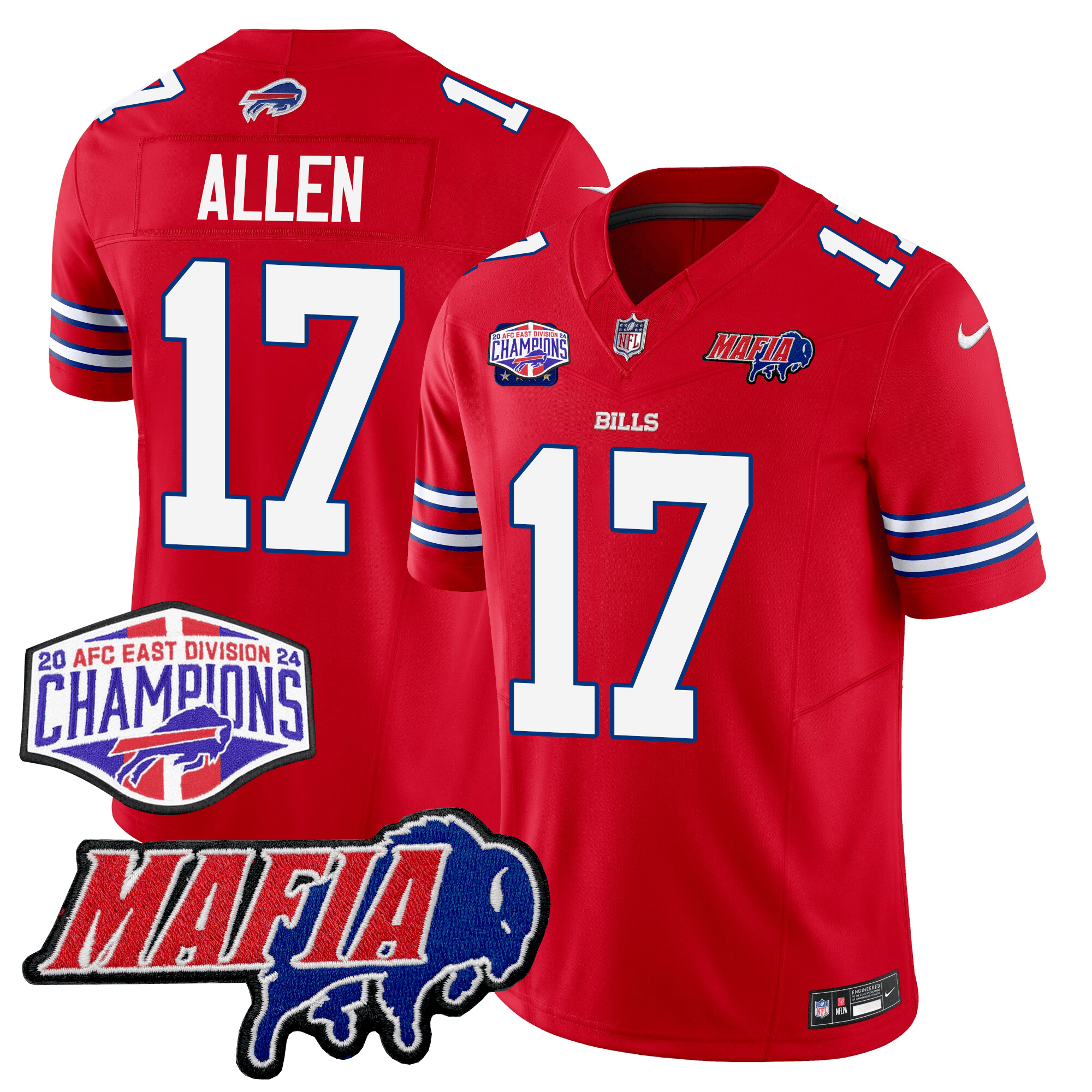 Buffalo Bills 24/25 Jersey – Bills Mafia + AFC East Championship Patch – ALLEN – 17 – Red Jersey