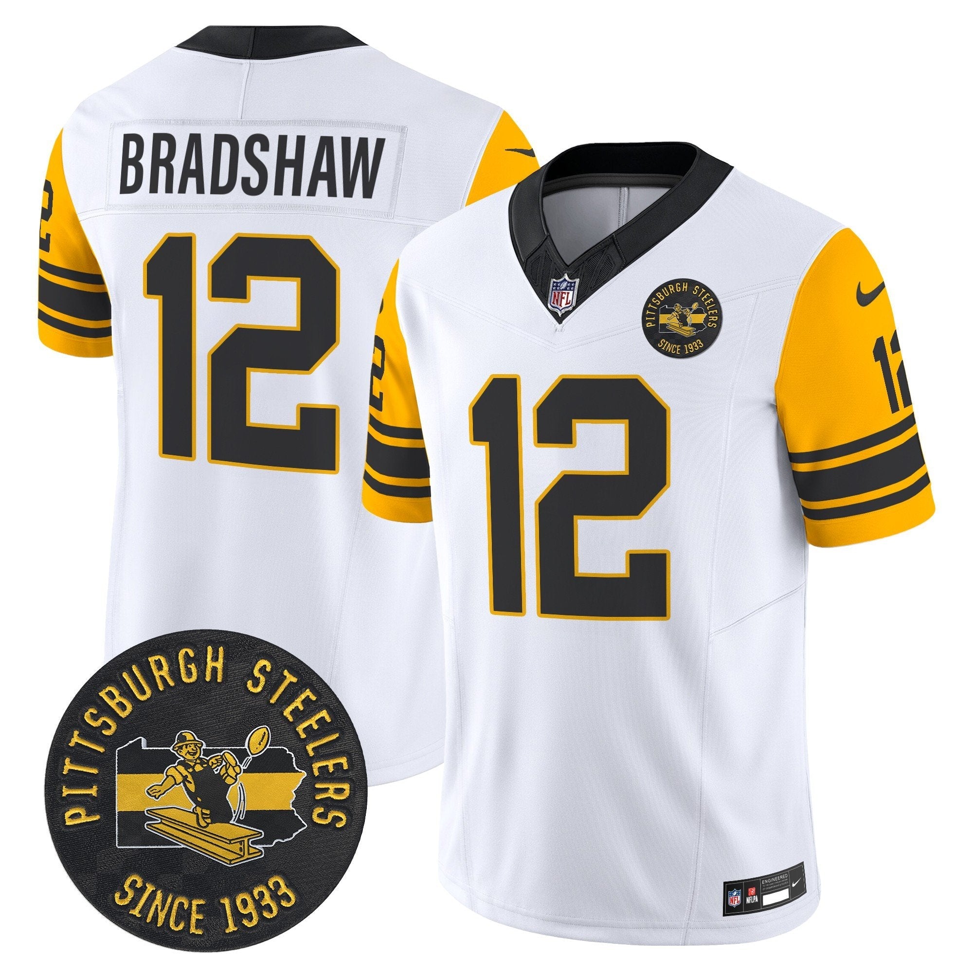 Pittsburgh Steelers Throwback 1962 Vapor Limited Jersey – Est. 1933 Patch – All Stitched – White – Terry Bradshaw Jersey