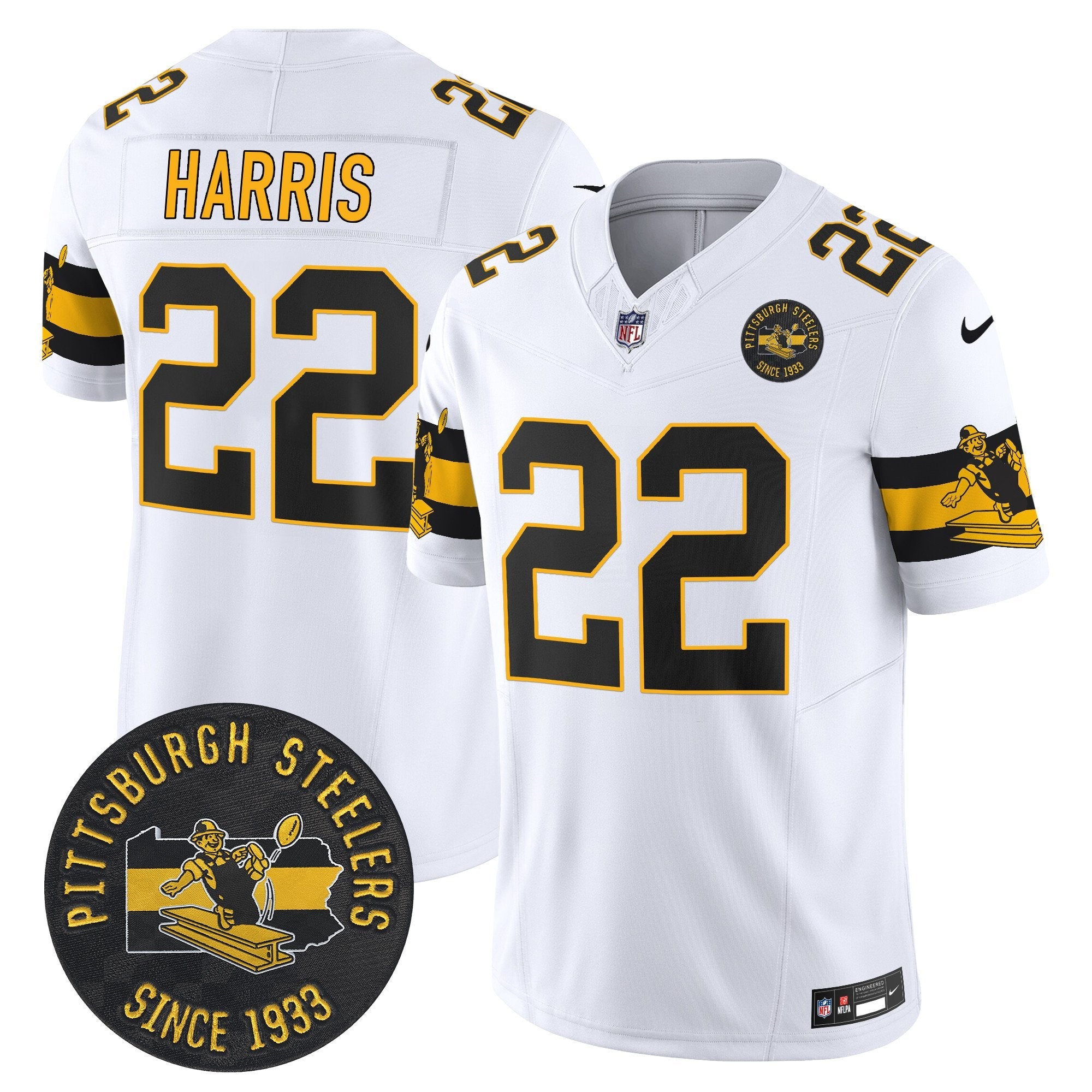 Pittsburgh Steelers Throwback 1933 Patch Vapor Limited Jersey – All Stitched – White – Najee Harris Jersey