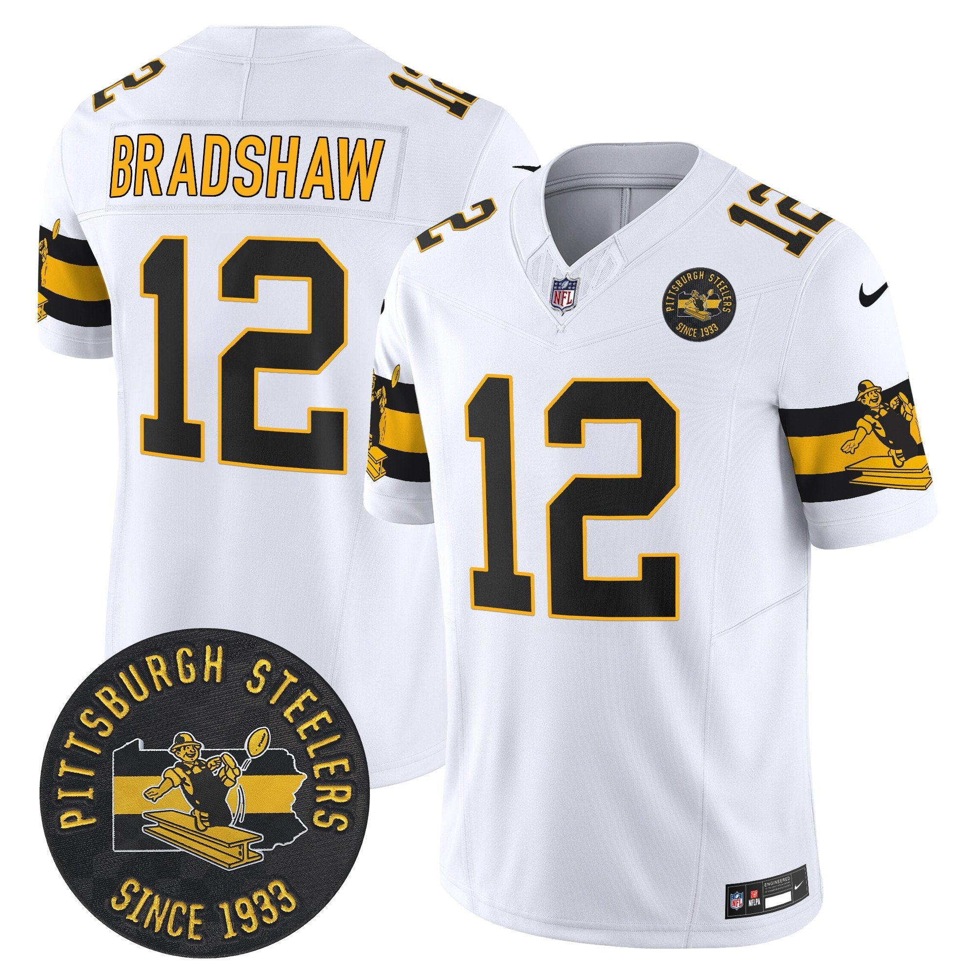 Pittsburgh Steelers Throwback 1933 Patch Vapor Limited Jersey – All Stitched – White – Terry Bradshaw Jersey
