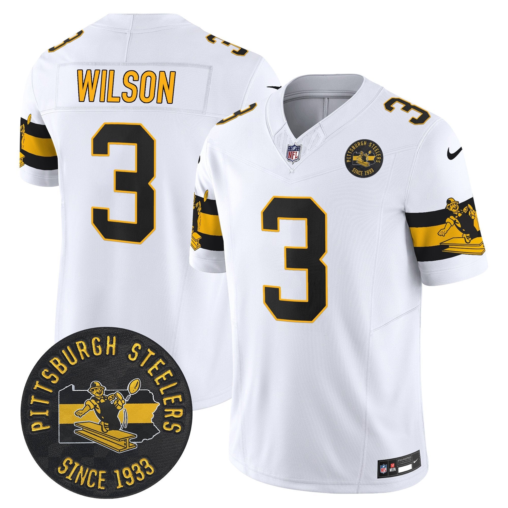 Pittsburgh Steelers Throwback 1933 Patch Vapor Limited Jersey – All Stitched – White – Russell Wilson Jersey