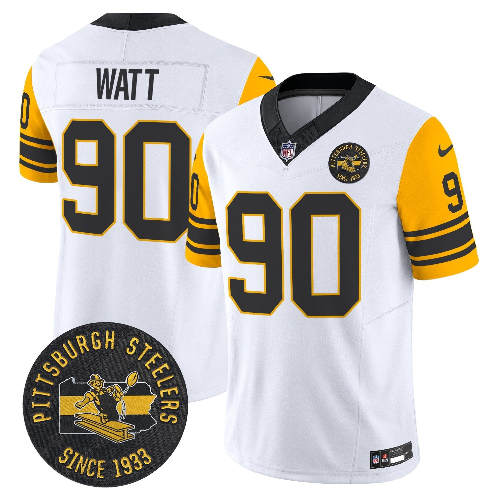 Pittsburgh Steelers Throwback 1962 Vapor Limited Jersey – Est. 1933 Patch – All Stitched – White – T. J. Watt Jersey