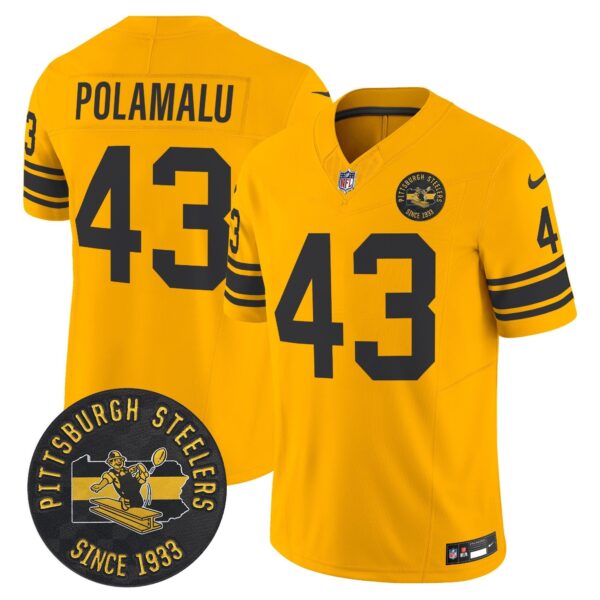 Pittsburgh Steelers Throwback 1962 Vapor Limited Jersey – Est. 1933 Patch – All Stitched – Gold – Troy Polamalu Jersey