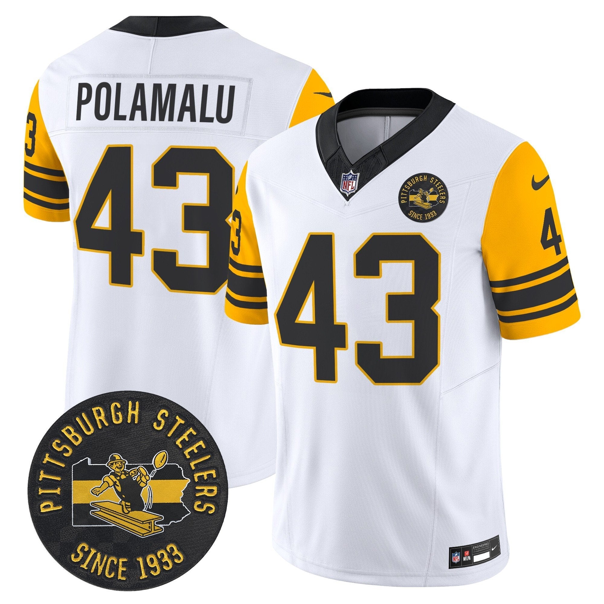 Pittsburgh Steelers Throwback 1962 Vapor Limited Jersey – Est. 1933 Patch – All Stitched – White – Troy Polamalu Jersey