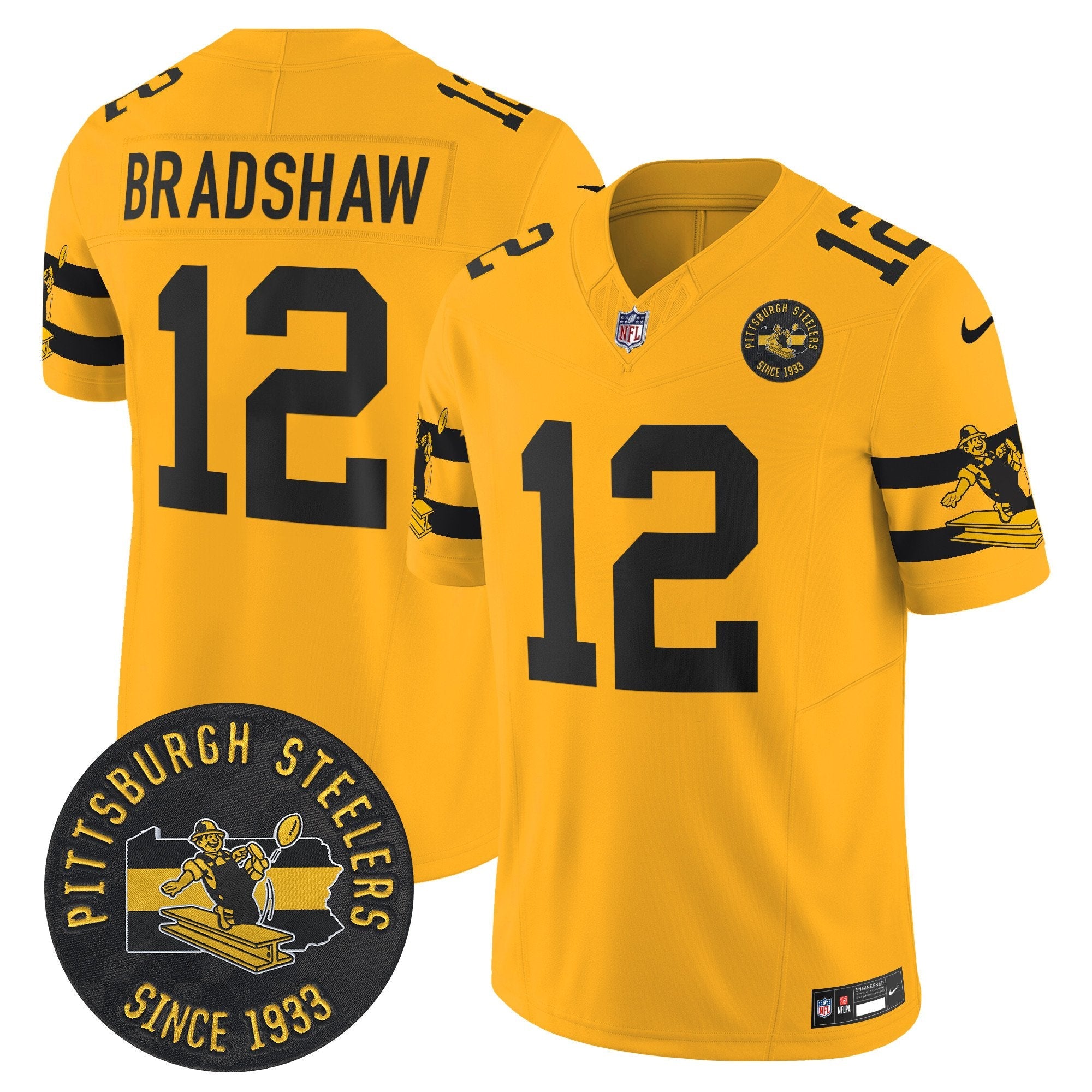 Pittsburgh Steelers Throwback 1933 Patch Vapor Limited Jersey – All Stitched – Gold – Terry Bradshaw Jersey