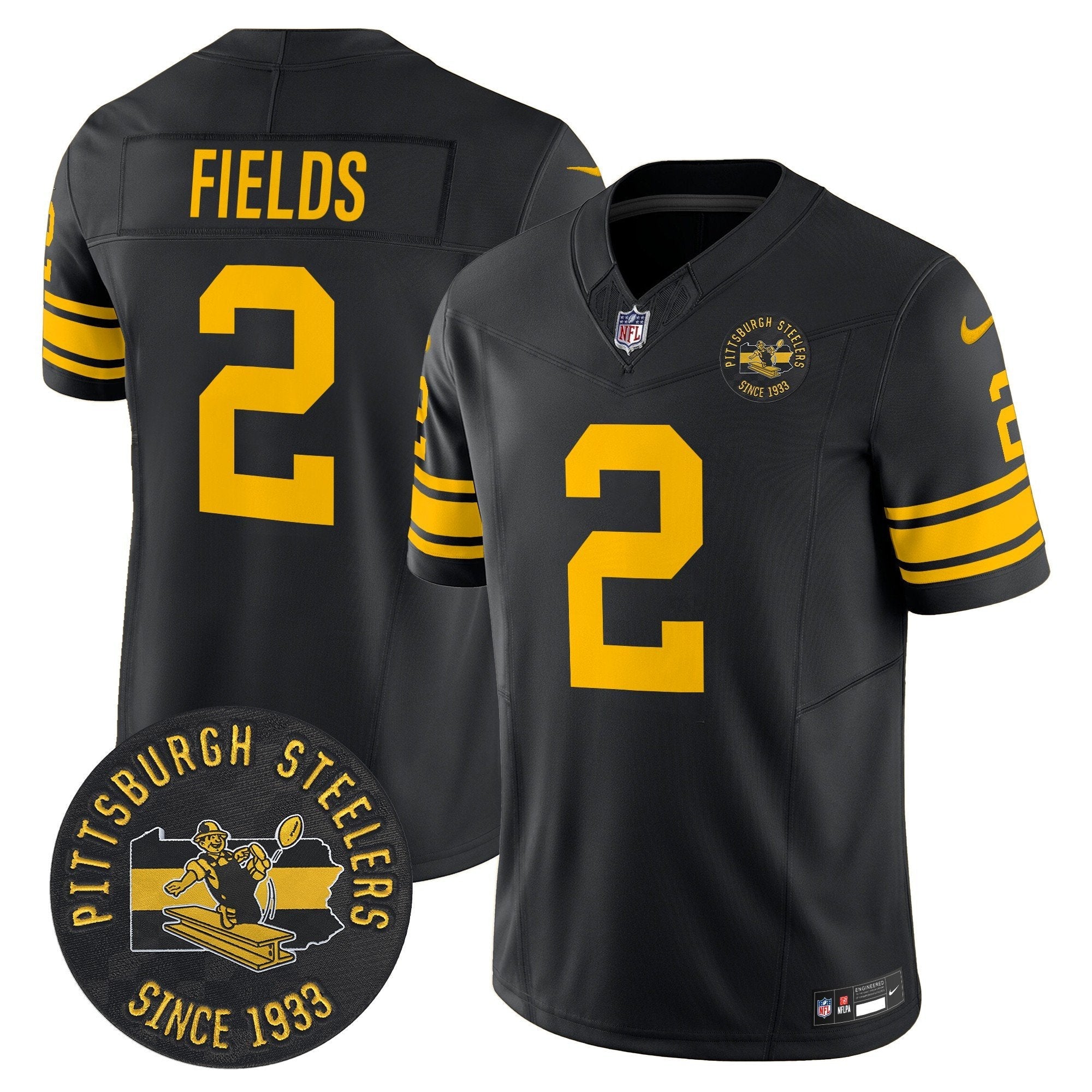 Pittsburgh Steelers Throwback 1962 Vapor Limited Jersey – Est. 1933 Patch – All Stitched – Black – Justin Fields Jersey