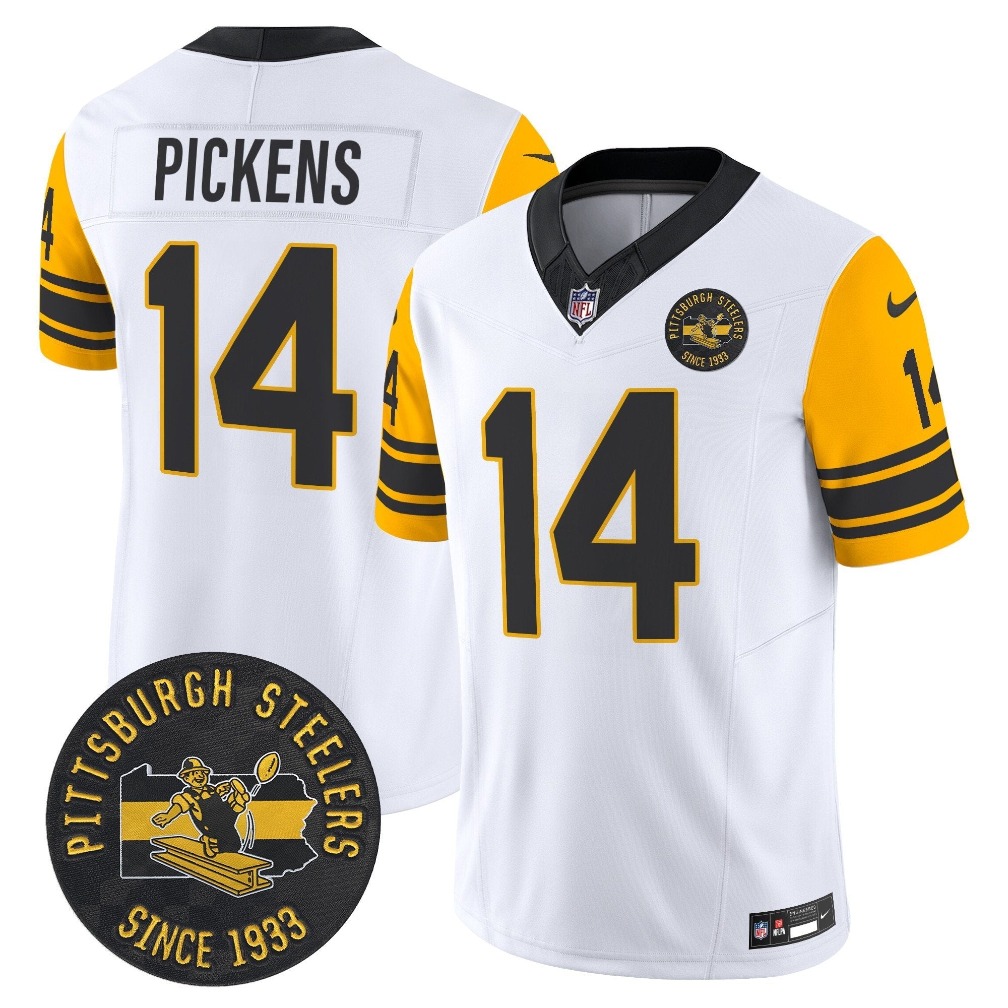 Pittsburgh Steelers Throwback 1962 Vapor Limited Jersey – Est. 1933 Patch – All Stitched – White – George Pickens Jersey