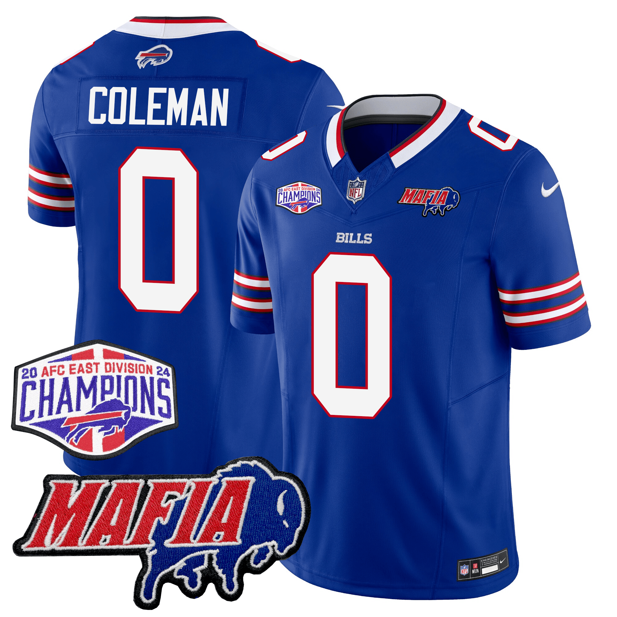 Buffalo Bills 24/25 Jersey – Bills Mafia + AFC East Championship Patch – COLEMAN – 0 – Blue Jersey