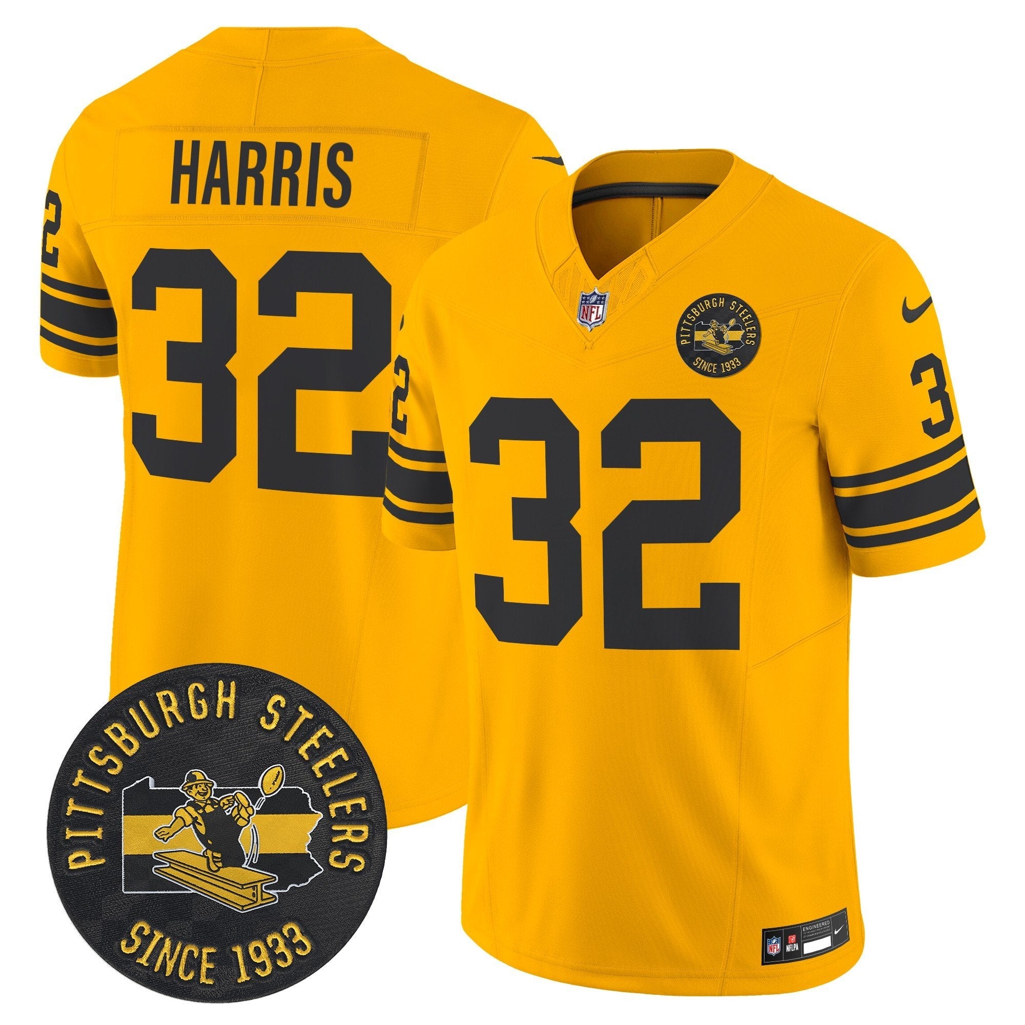 Pittsburgh Steelers Throwback 1962 Vapor Limited Jersey – Est. 1933 Patch – All Stitched – Gold – Franco Harris Jersey