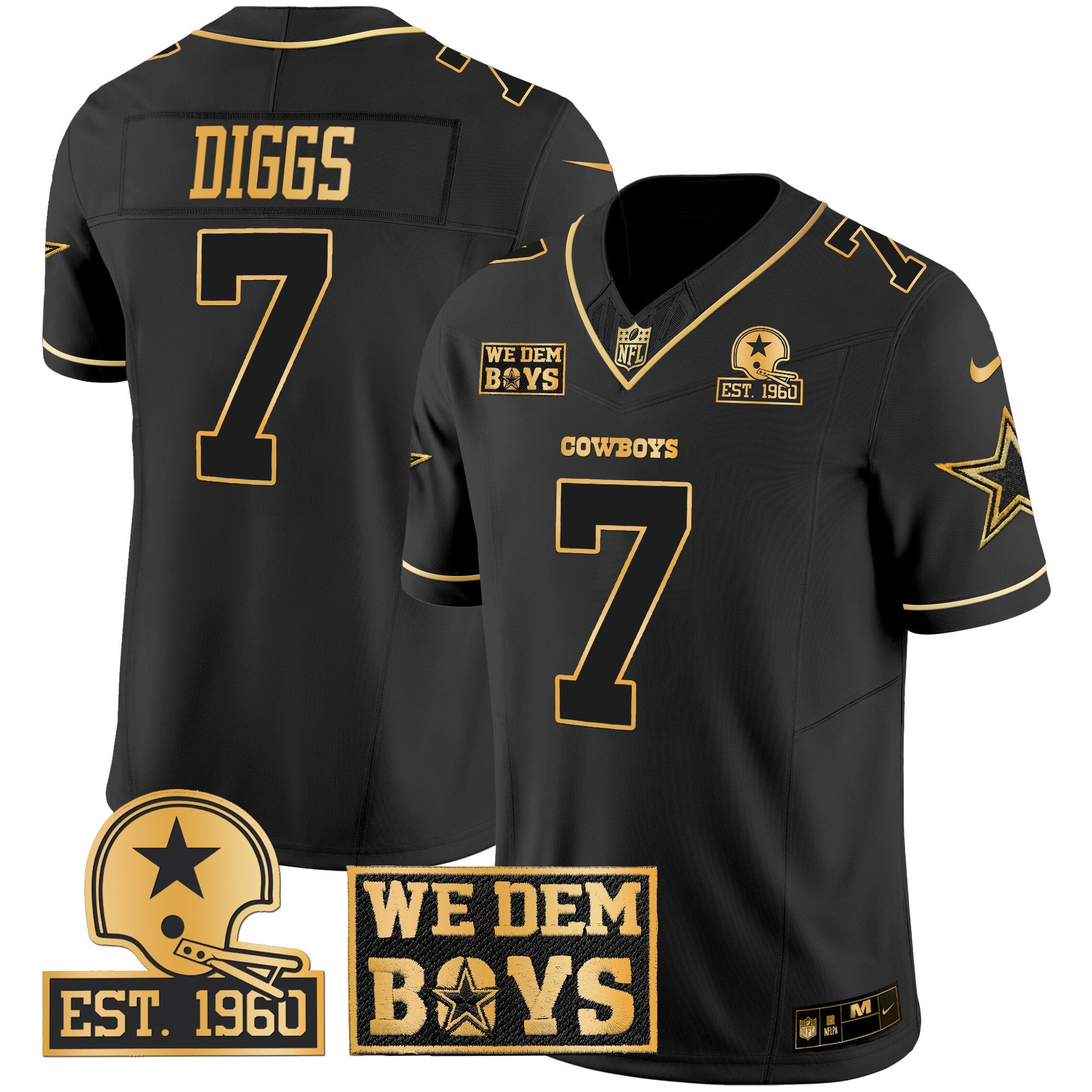 Cowboys Est. 1960 & We Dem Boyz Patch Gold Vapor Limited Jersey – All Stitched – Black Gold – Trevon Diggs Jersey