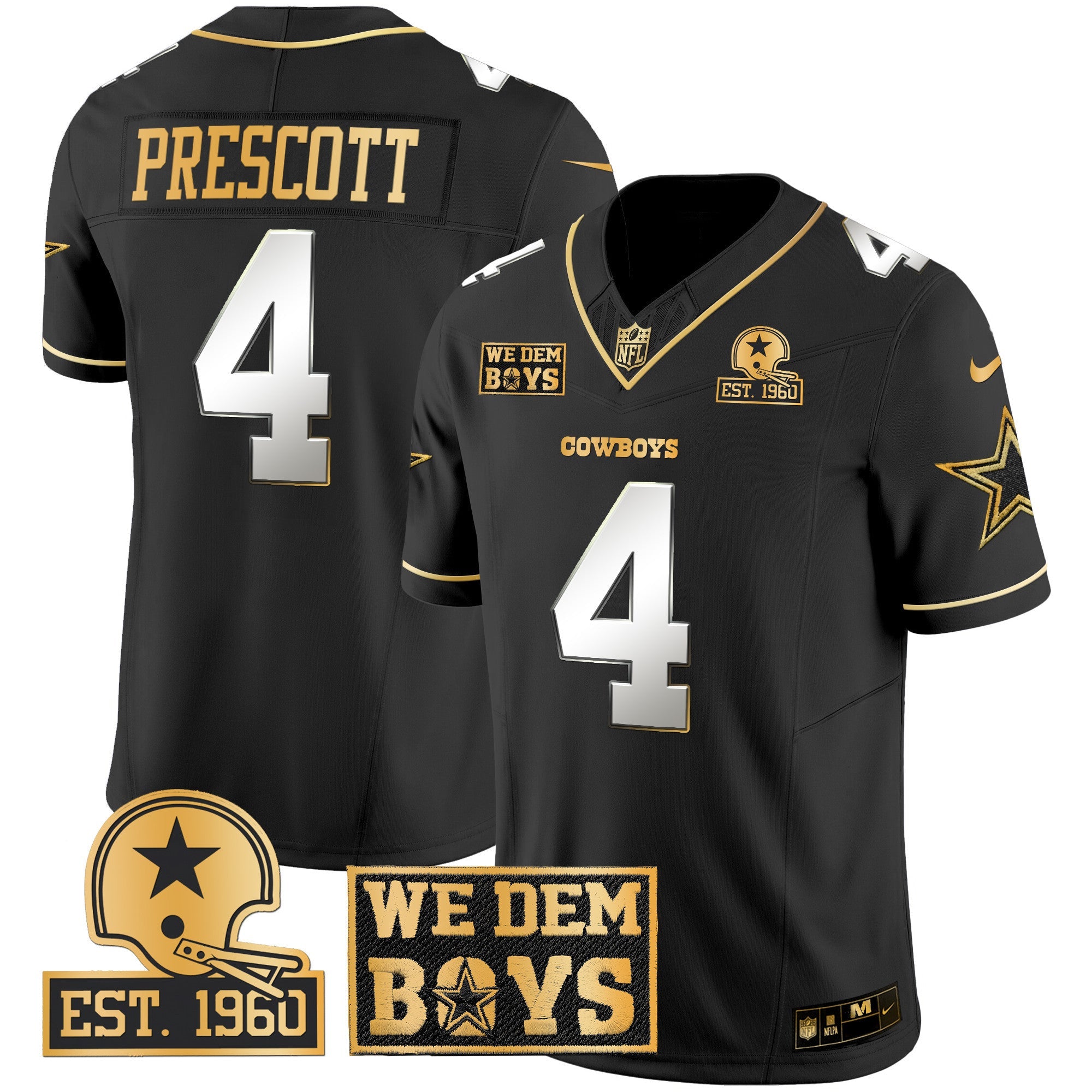 Cowboys Est. 1960 & We Dem Boyz Patch Gold Vapor Limited Jersey – All Stitched – Black Limited – Dak Prescott Jersey