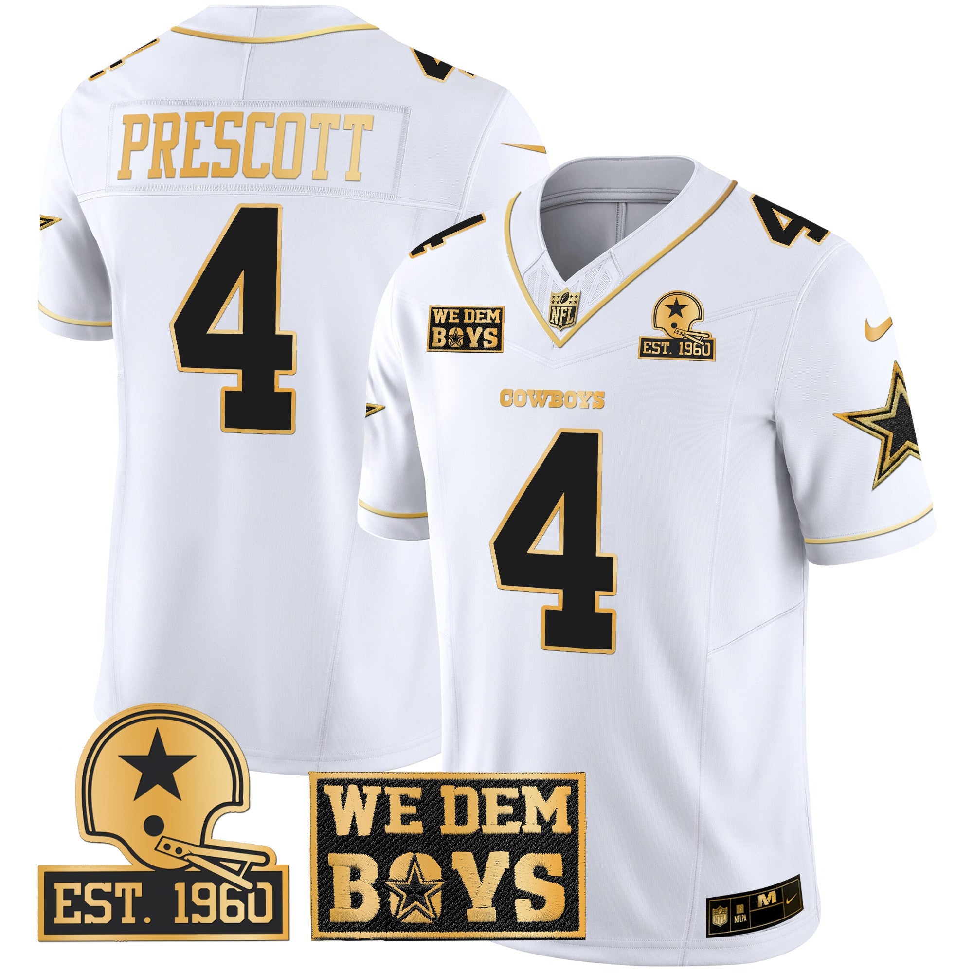 Cowboys Est. 1960 & We Dem Boyz Patch Gold Vapor Limited Jersey – All Stitched – White Gold – Dak Prescott Jersey