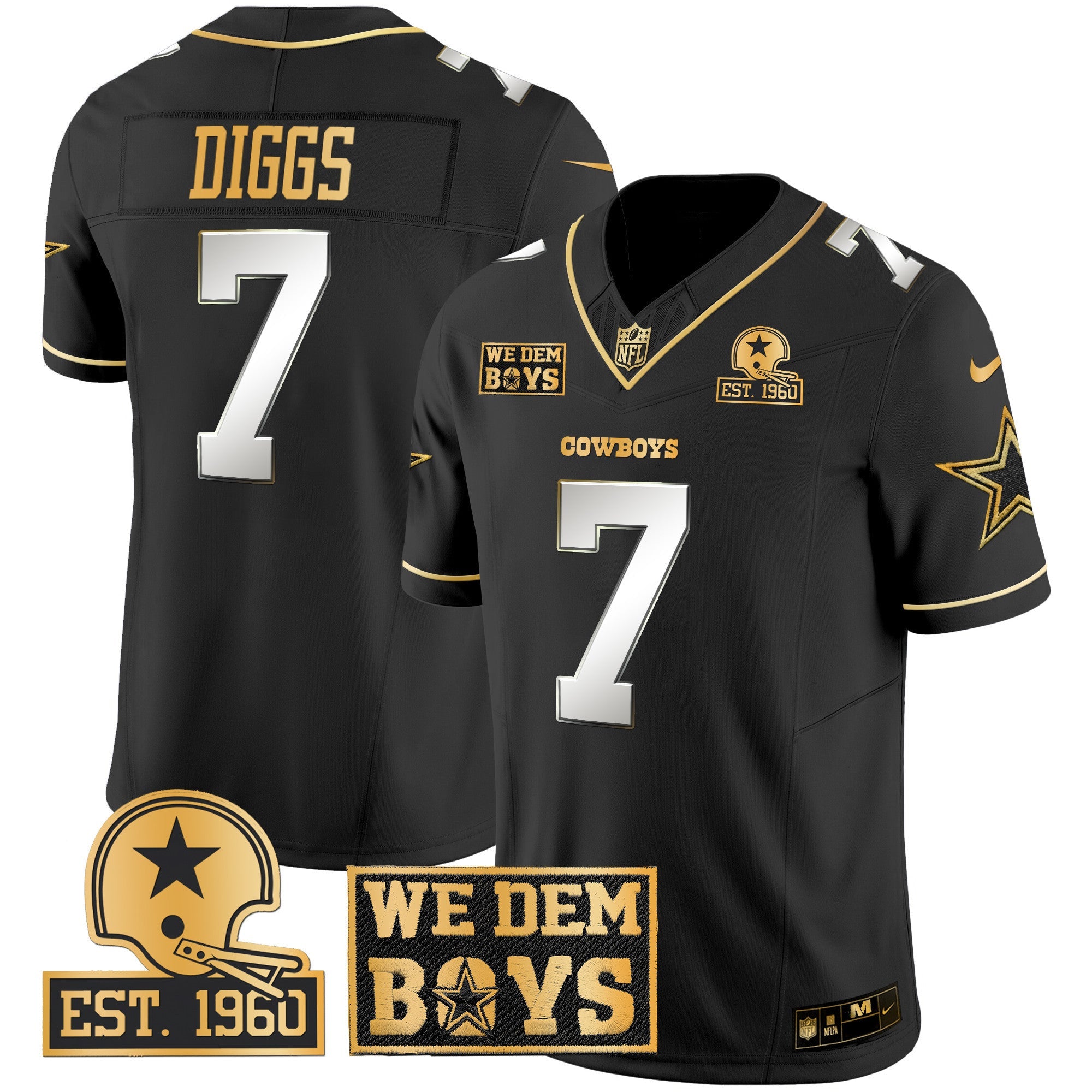 Cowboys Est. 1960 & We Dem Boyz Patch Gold Vapor Limited Jersey – All Stitched – Black Limited – Trevon Diggs Jersey