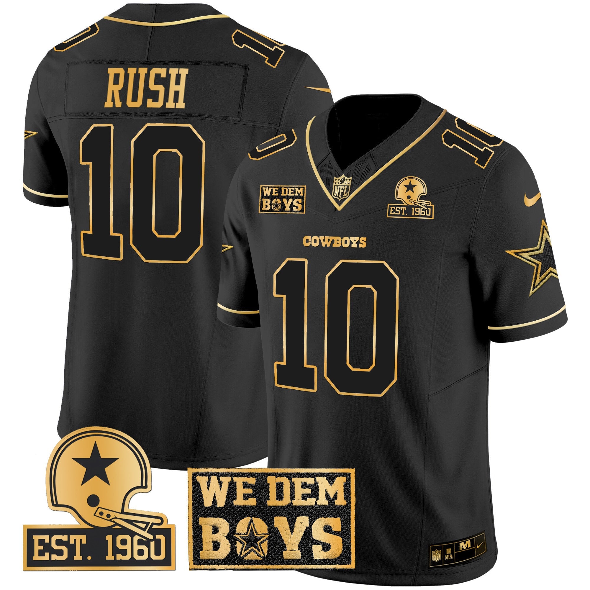 Cowboys Est. 1960 & We Dem Boyz Patch Gold Vapor Limited Jersey – All Stitched – Black Gold – Cooper Rush Jersey