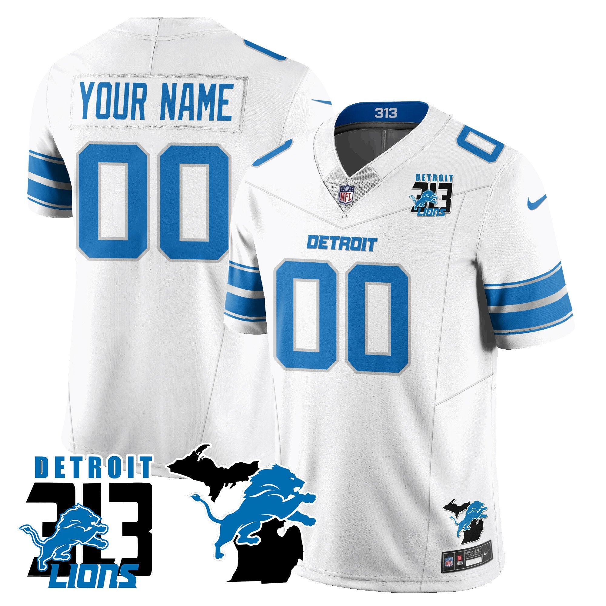 Custom Lions 313 King Of The North Jersey – All Stitched – White Jersey