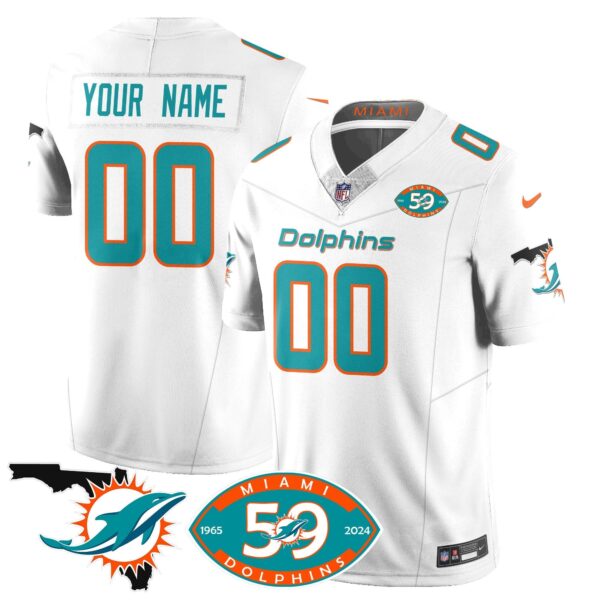 Custom Dolphins 1965-2024 – The Dolphins Jersey – All Stitched – White Jersey