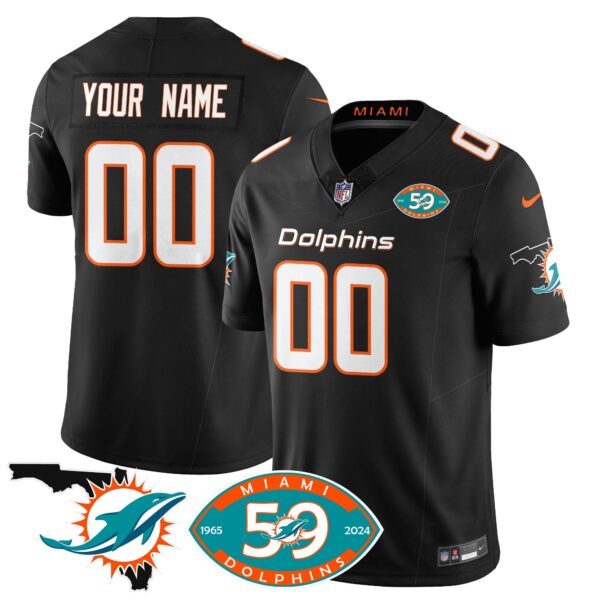 Custom Dolphins 1965-2024 – The Dolphins Jersey – All Stitched – Black Jersey