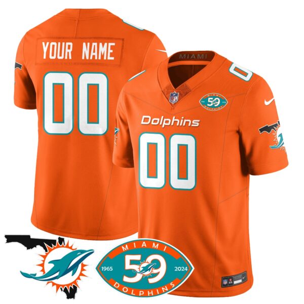 Custom Dolphins 1965-2024 – The Dolphins Jersey – All Stitched – Orange Jersey