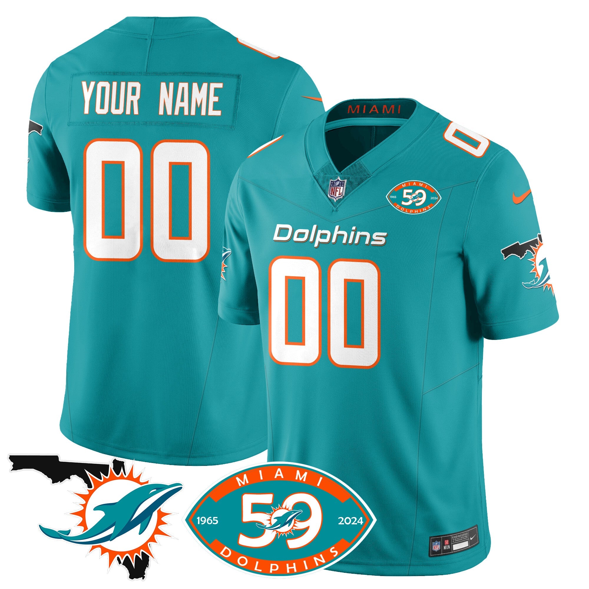 Custom Dolphins 1965-2024 – The Dolphins Jersey – All Stitched – Aqua Jersey