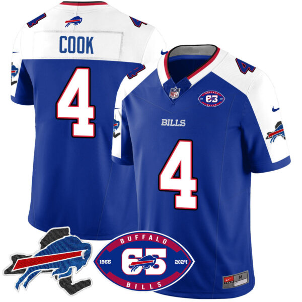 Bills 1959 – 2024 – The Bills Jersey – All Stitched – James Cook – 4 – Royal Alternate Jersey
