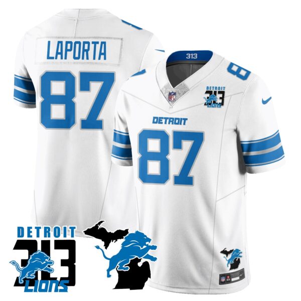 Lions 313 King Of The North Jersey – All Stitched – Sam Laporta – 87 – White Jersey