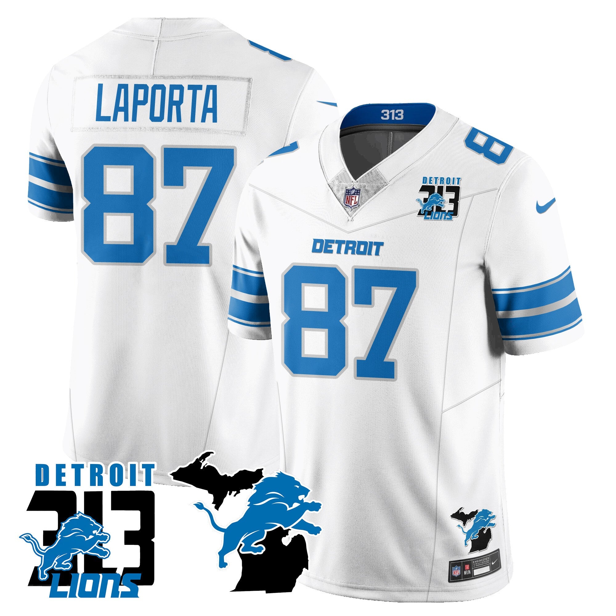 Lions 313 King Of The North Jersey – All Stitched – Sam Laporta – 87 – White Jersey