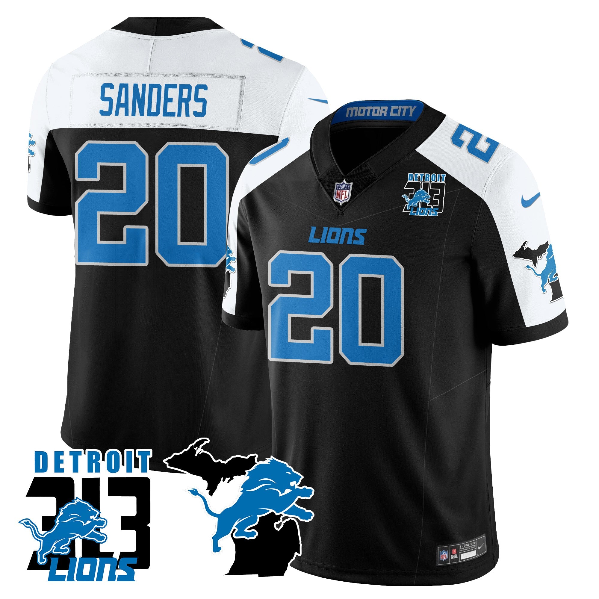 Lions 313 King Of The North Jersey – All Stitched – Barry Sanders – 20 – Alternate Jersey