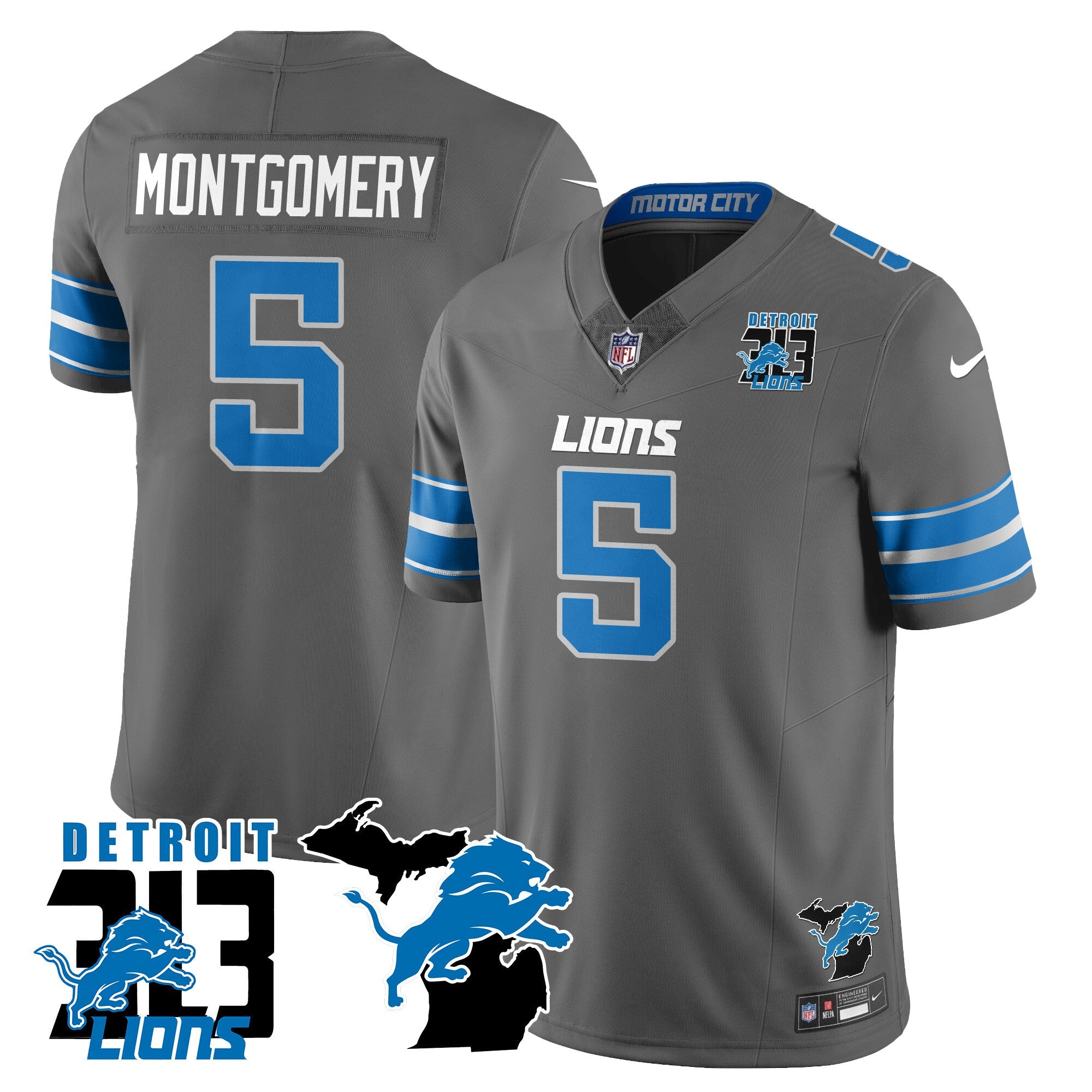 Lions 313 King Of The North Jersey – All Stitched – David Montgomery – 5 – Gray Jersey