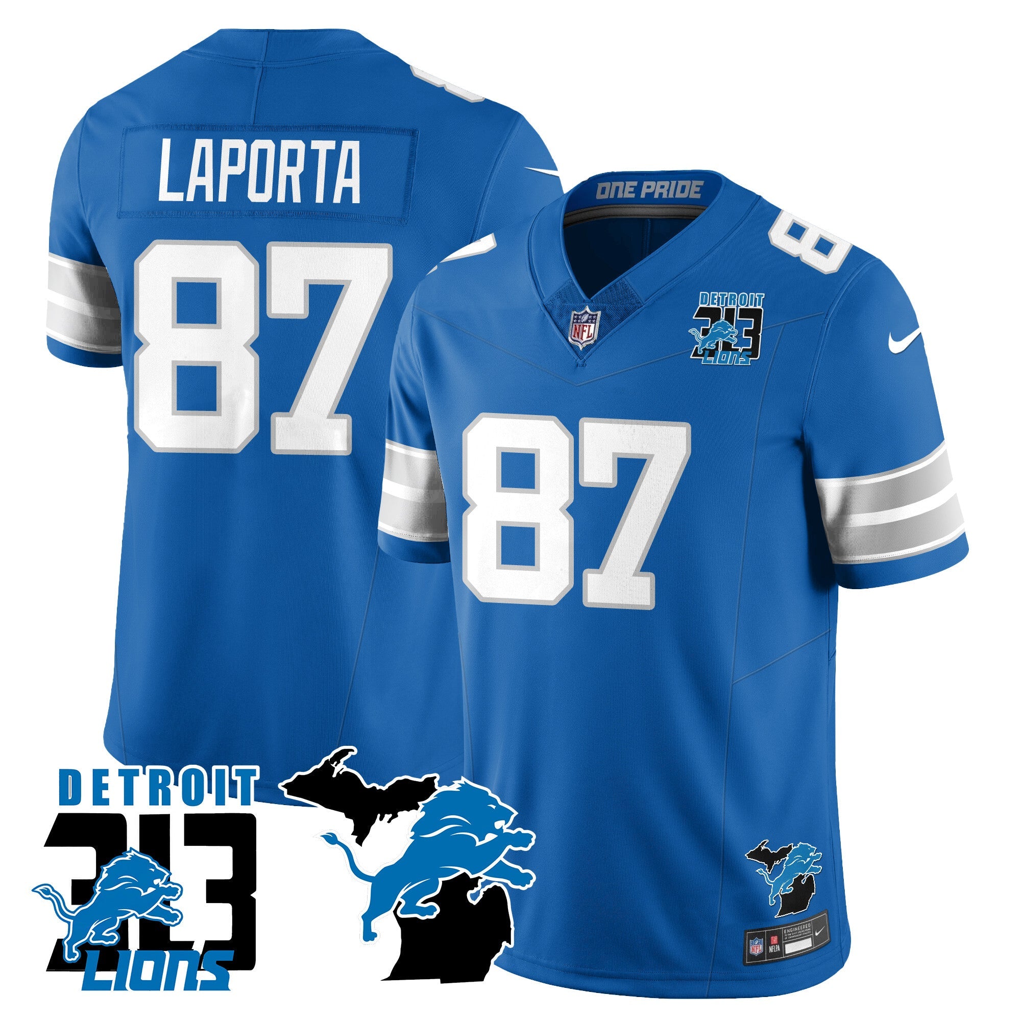 Lions 313 King Of The North Jersey – All Stitched – Sam Laporta – 87 – Blue Jersey