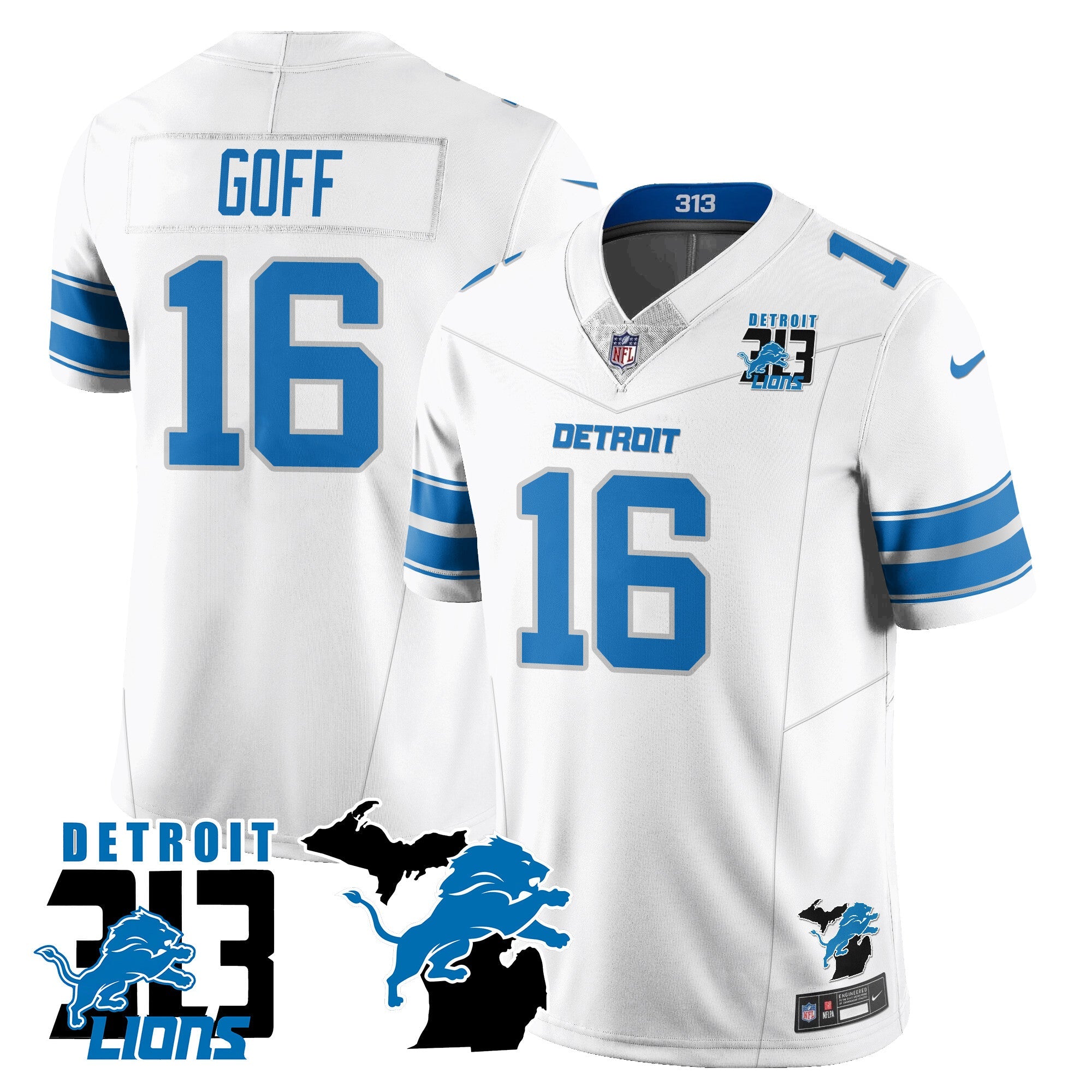 Lions 313 King Of The North Jersey – All Stitched – Jared Goff – 16 – White Jersey