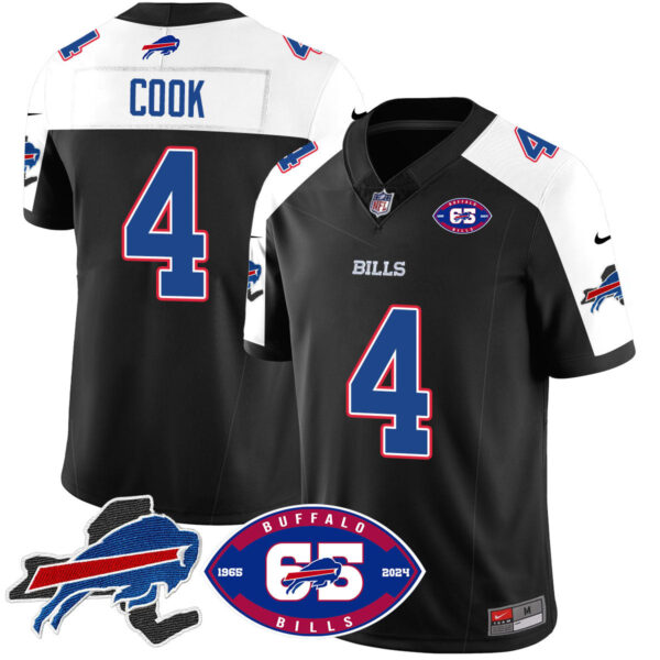 Bills 1959 – 2024 – The Bills Jersey – All Stitched – James Cook – 4 – Black Alternate Jersey