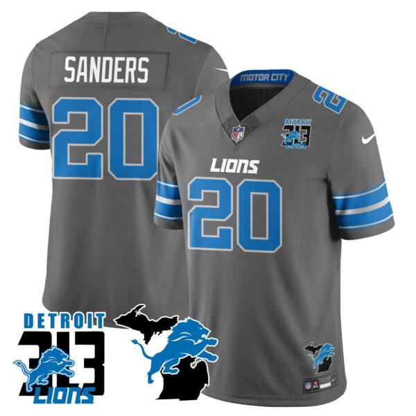 Lions 313 King Of The North Jersey – All Stitched – Barry Sanders – 20 – Gray Jersey