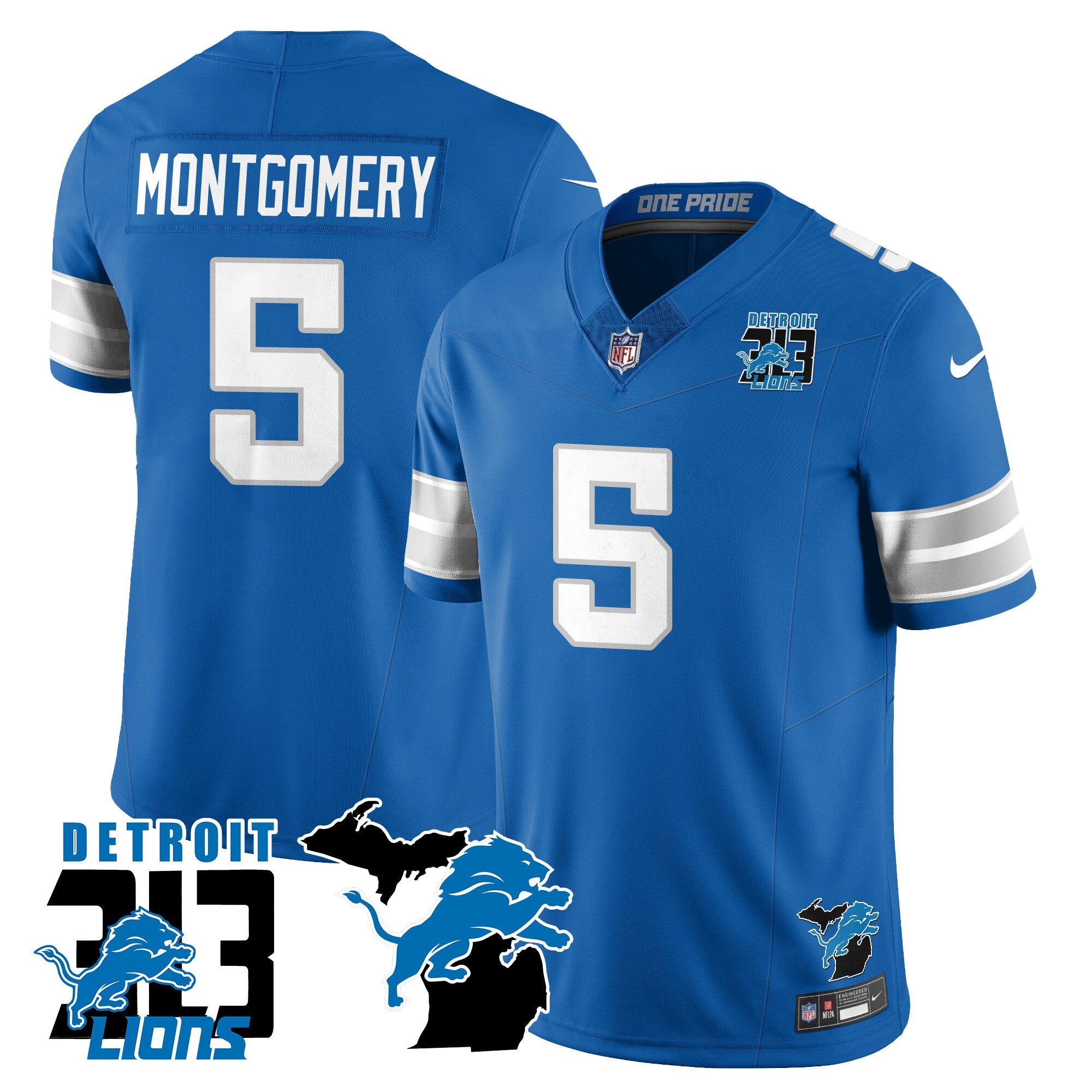 Lions 313 King Of The North Jersey – All Stitched – David Montgomery – 5 – Blue Jersey