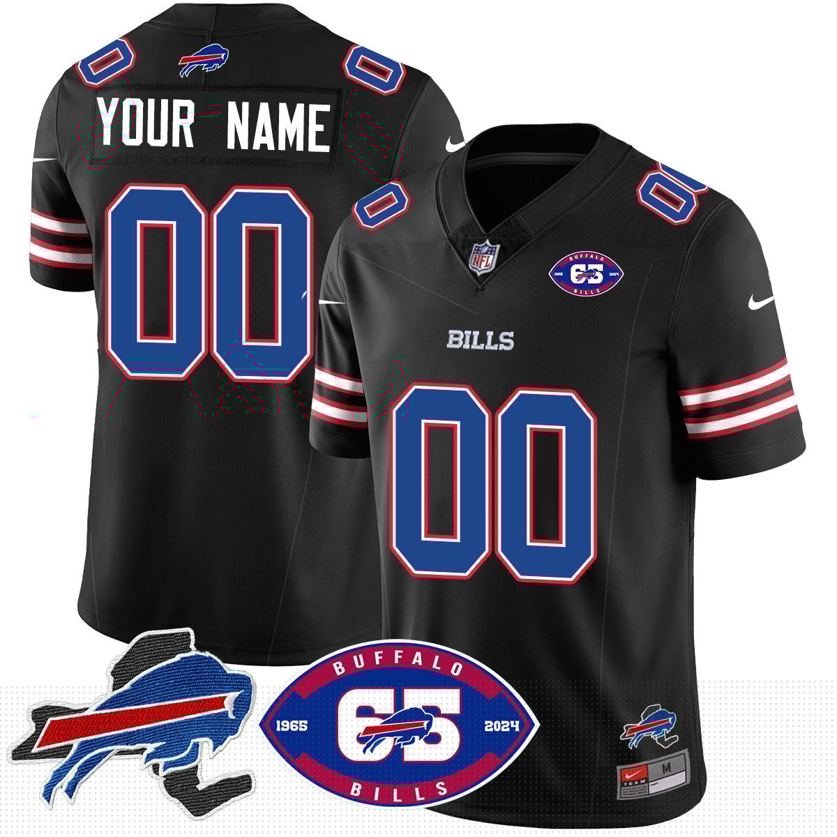 Custom Bills 1959 – 2024 – The Bills Jersey – All Stitched – Black Jersey