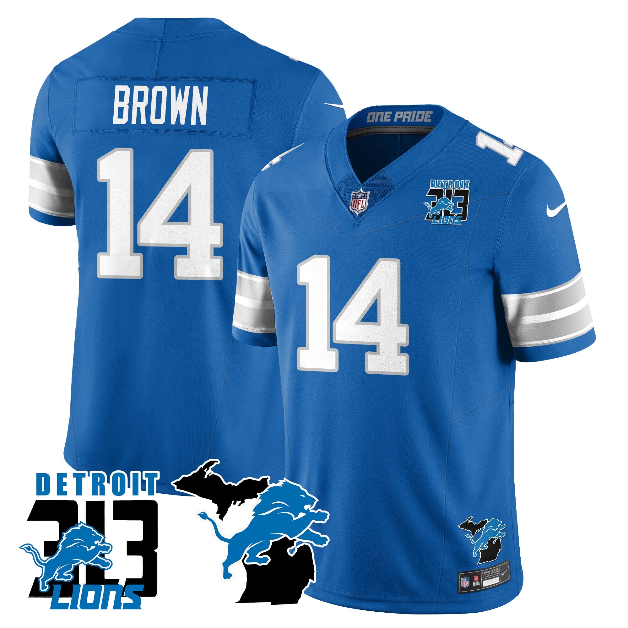 Lions 313 King Of The North Jersey – All Stitched – St. Brown – 14 – Blue Jersey