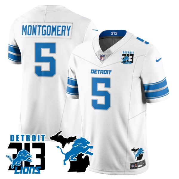 Lions 313 King Of The North Jersey – All Stitched – David Montgomery – 5 – White Jersey
