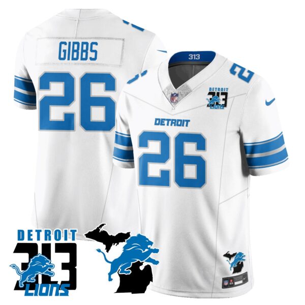 Lions 313 King Of The North Jersey – All Stitched – Jahmyr Gibbs – 26 – White Jersey
