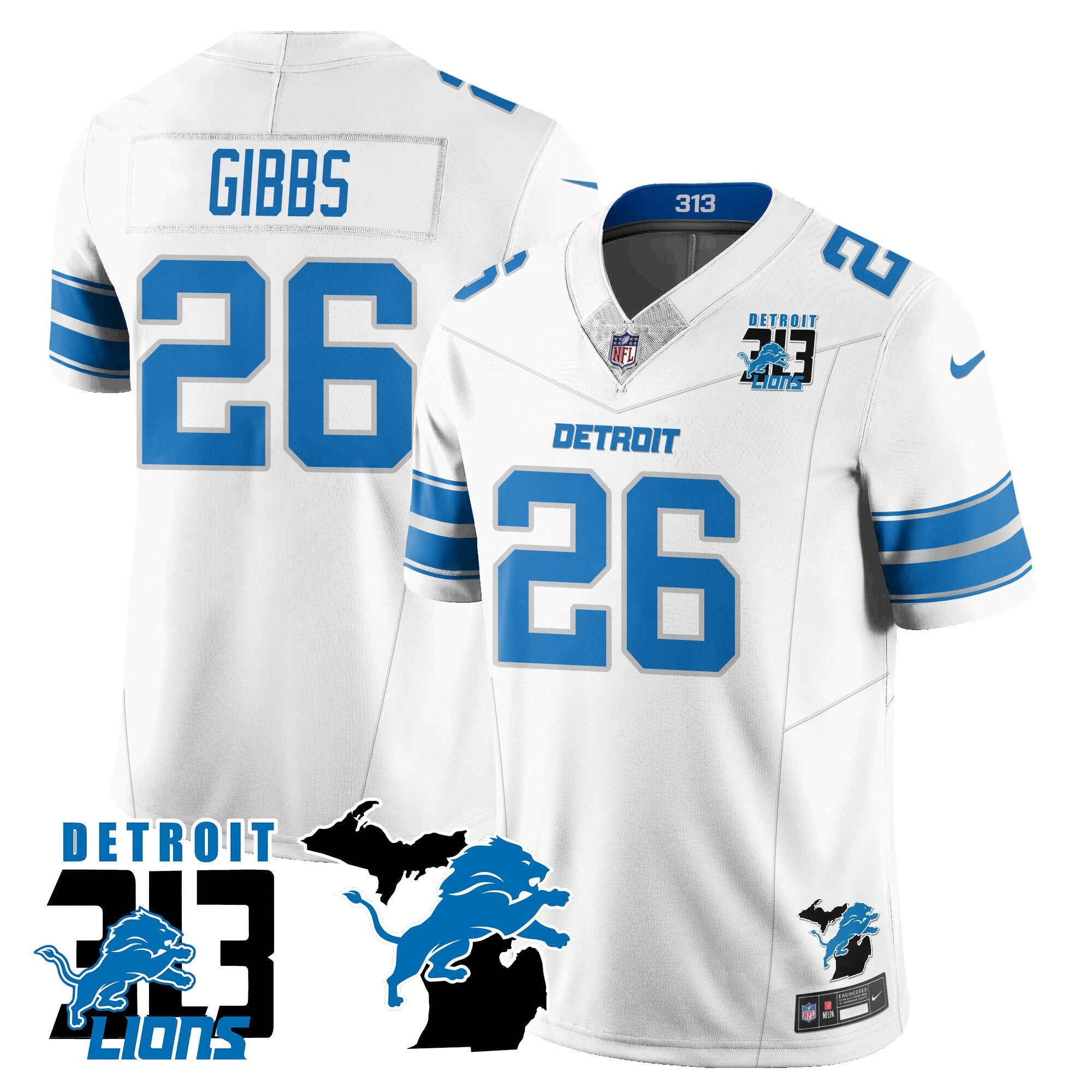 Lions 313 King Of The North Jersey – All Stitched – Jahmyr Gibbs – 26 – White Jersey