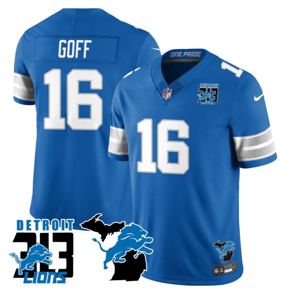 Lions 313 King Of The North Jersey – All Stitched – Jared Goff – 16 – Blue Jersey