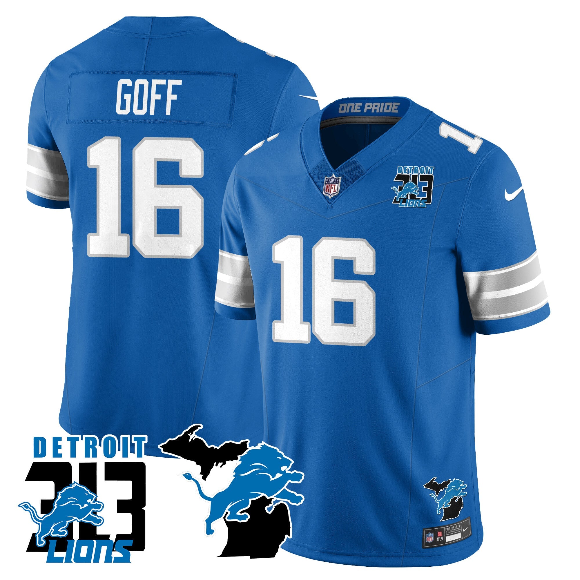 Lions 313 King Of The North Jersey – All Stitched – Jared Goff – 16 – Blue Jersey