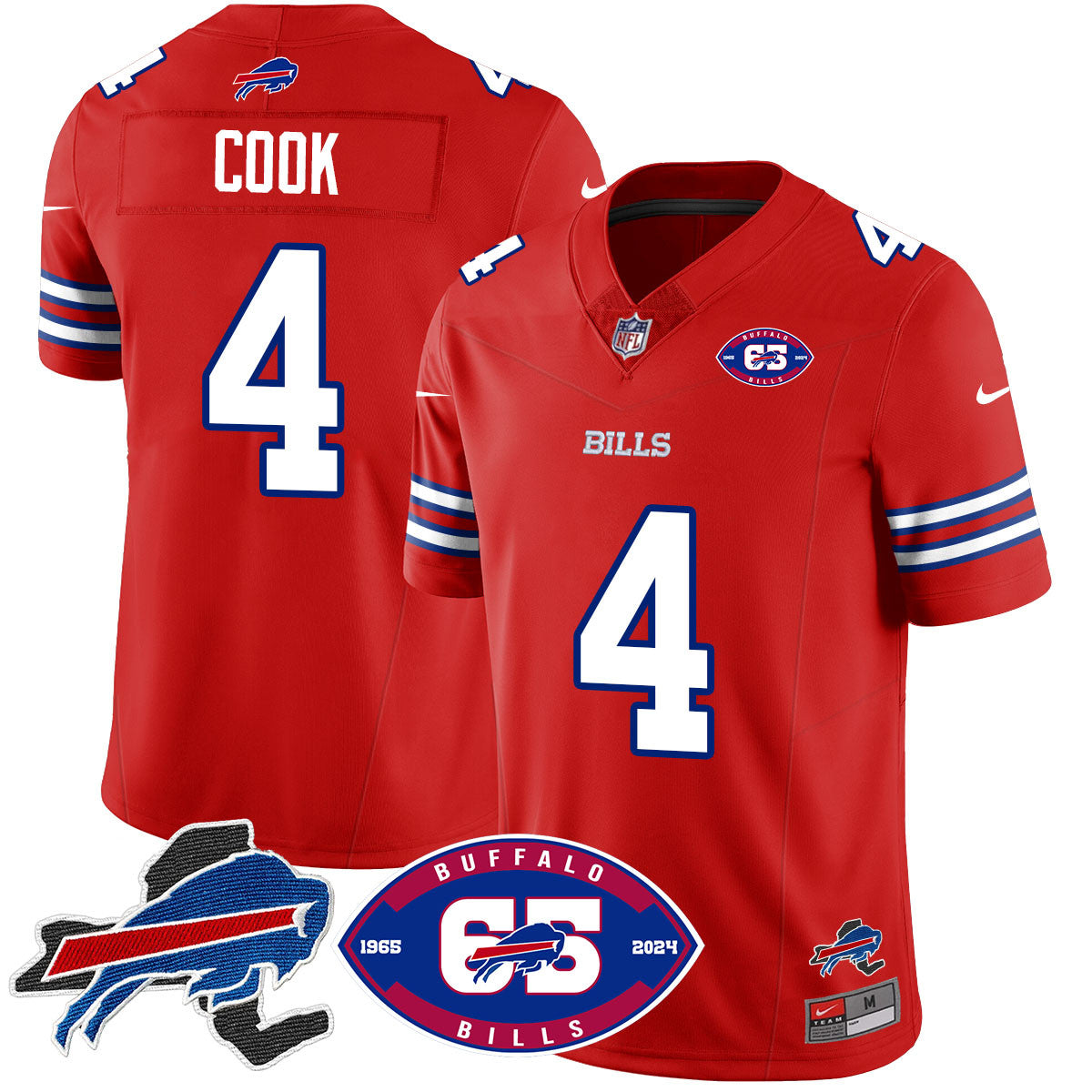 Bills 1959 – 2024 – The Bills Jersey – All Stitched – James Cook – 4 – Red Jersey