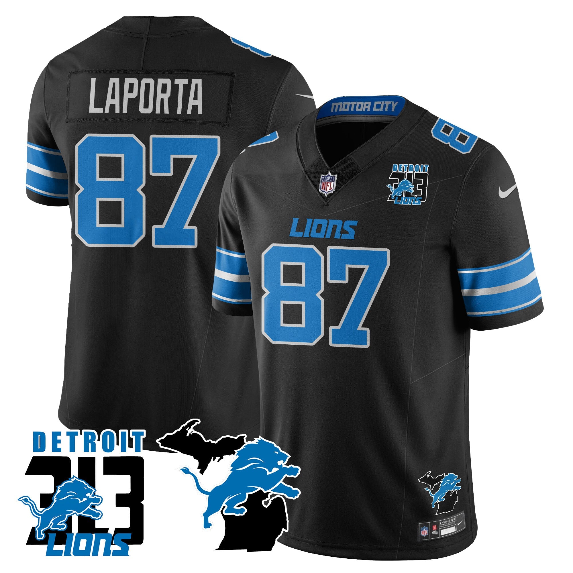 Lions 313 King Of The North Jersey – All Stitched – Sam Laporta – 87 – Black Jersey