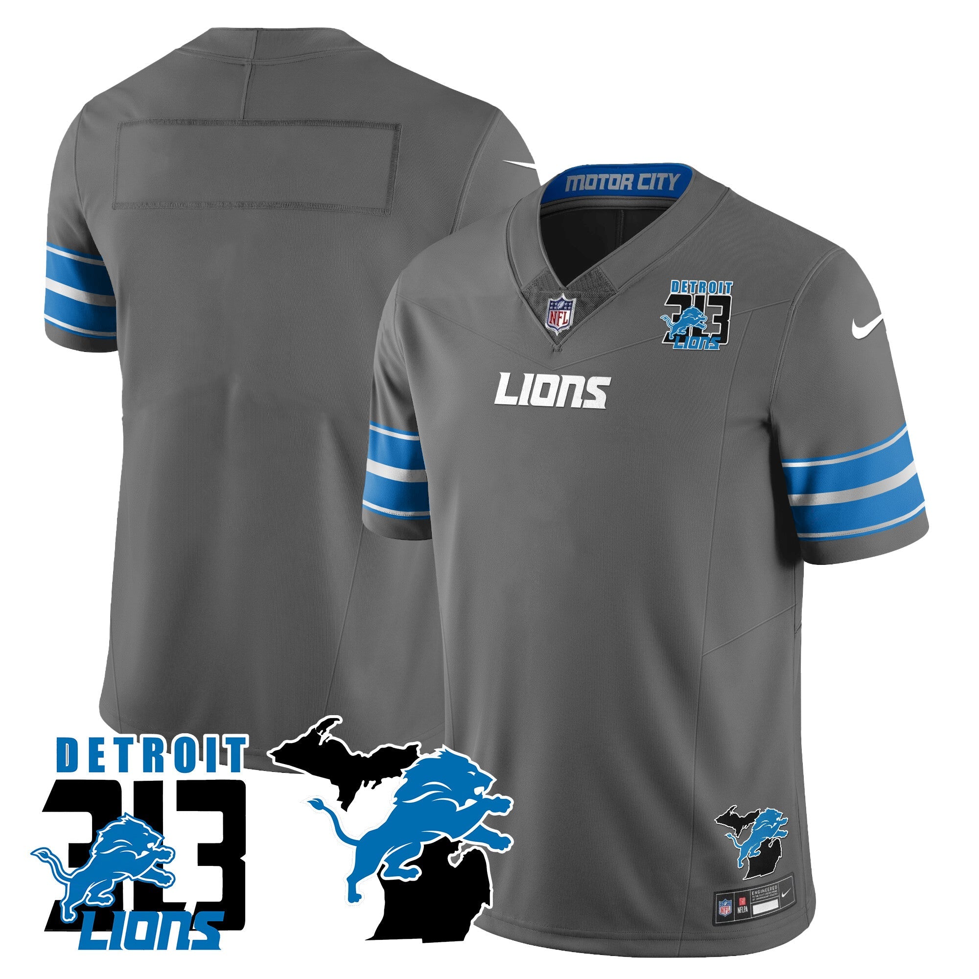 Lions 313 King Of The North Jersey – All Stitched – Team – Gray Jersey