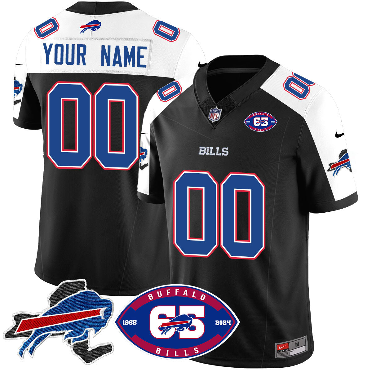 Custom Bills 1959 – 2024 – The Bills Jersey – All Stitched – Black Alternate Jersey