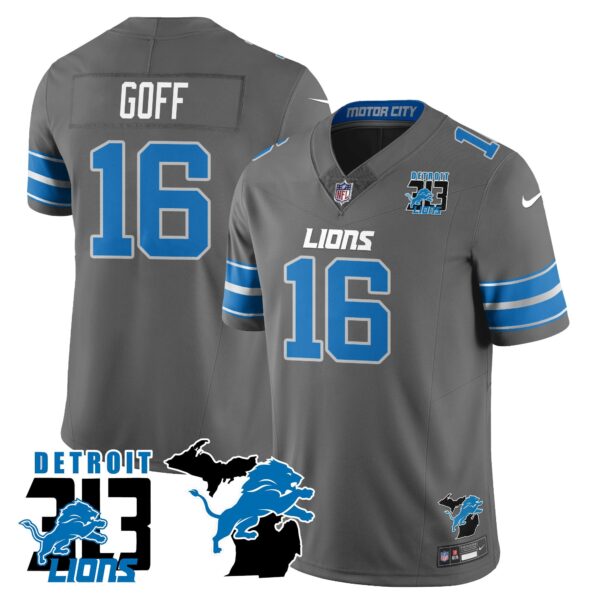 Lions 313 King Of The North Jersey – All Stitched – Jared Goff – 16 – Gray Jersey