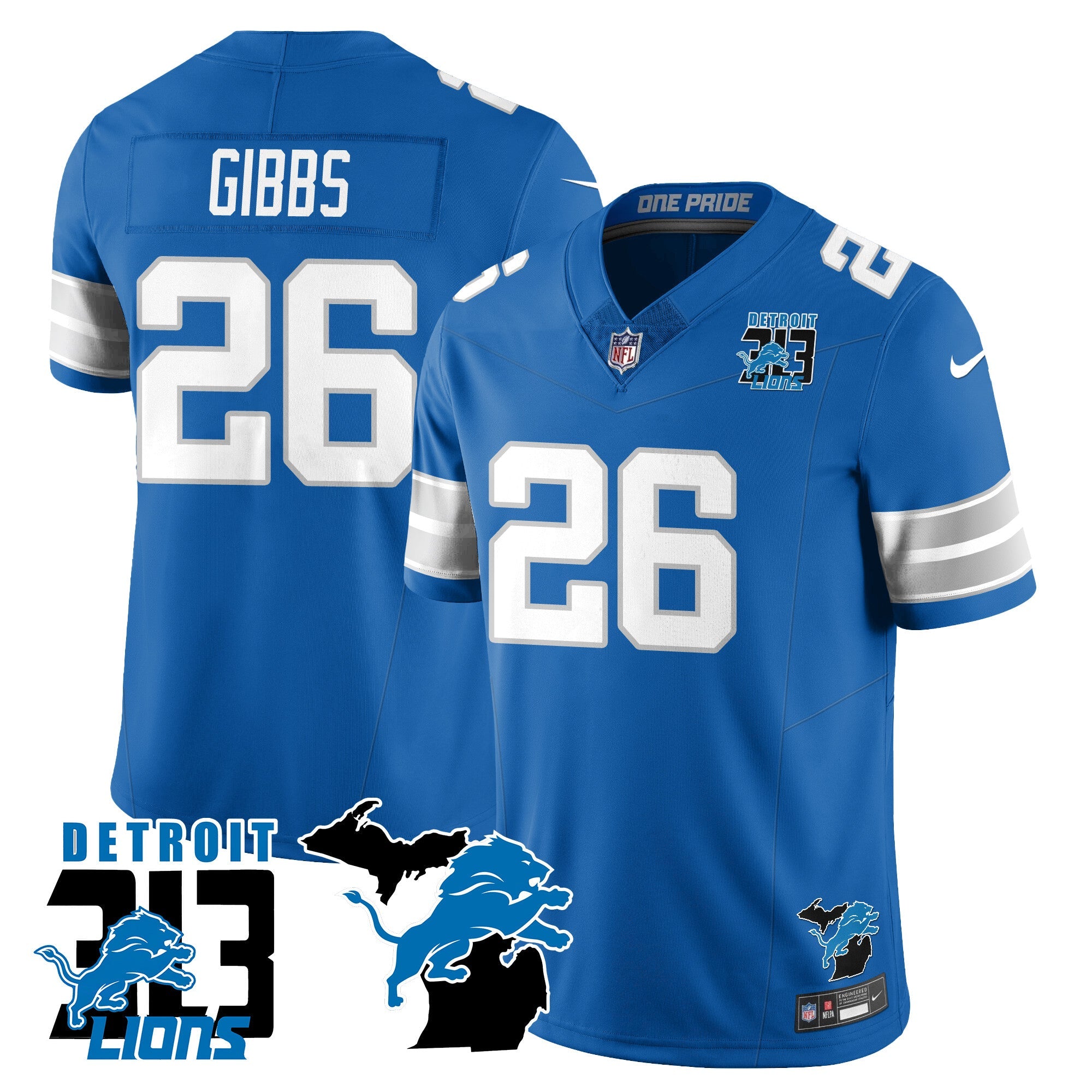 Lions 313 King Of The North Jersey – All Stitched – Jahmyr Gibbs – 26 – Blue Jersey