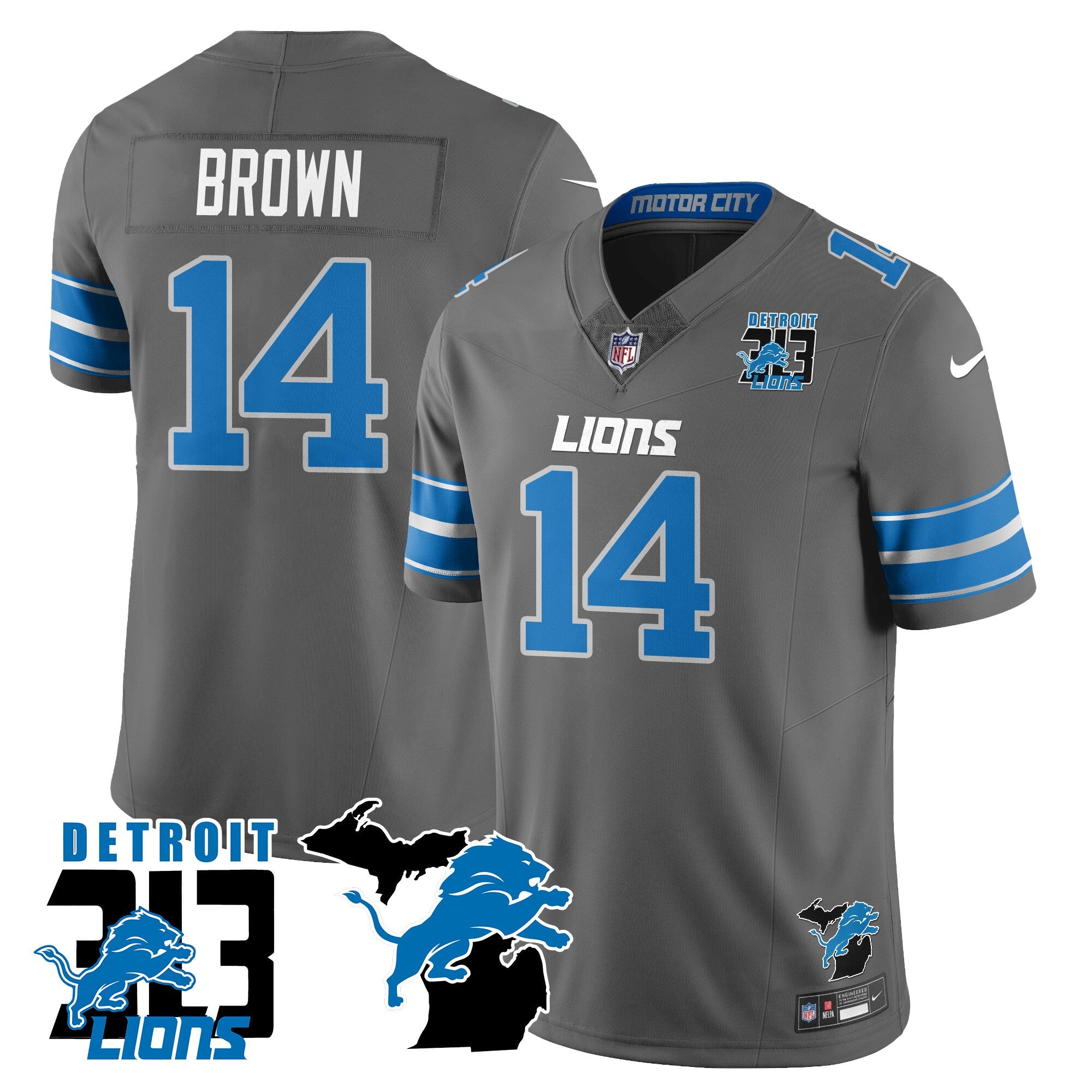Lions 313 King Of The North Jersey – All Stitched – St. Brown – 14 – Gray Jersey