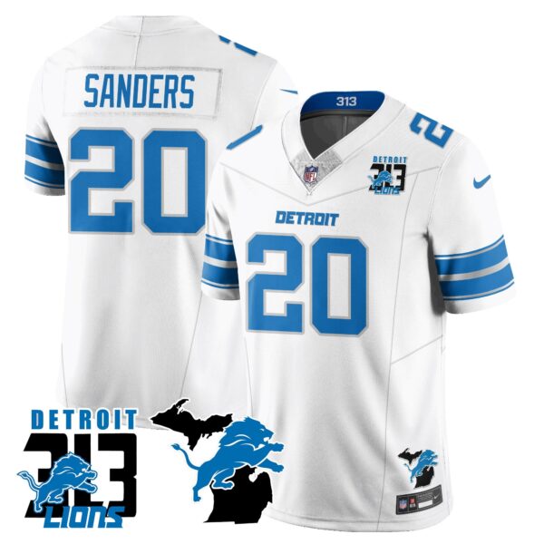 Lions 313 King Of The North Jersey – All Stitched – Barry Sanders – 20 – White Jersey