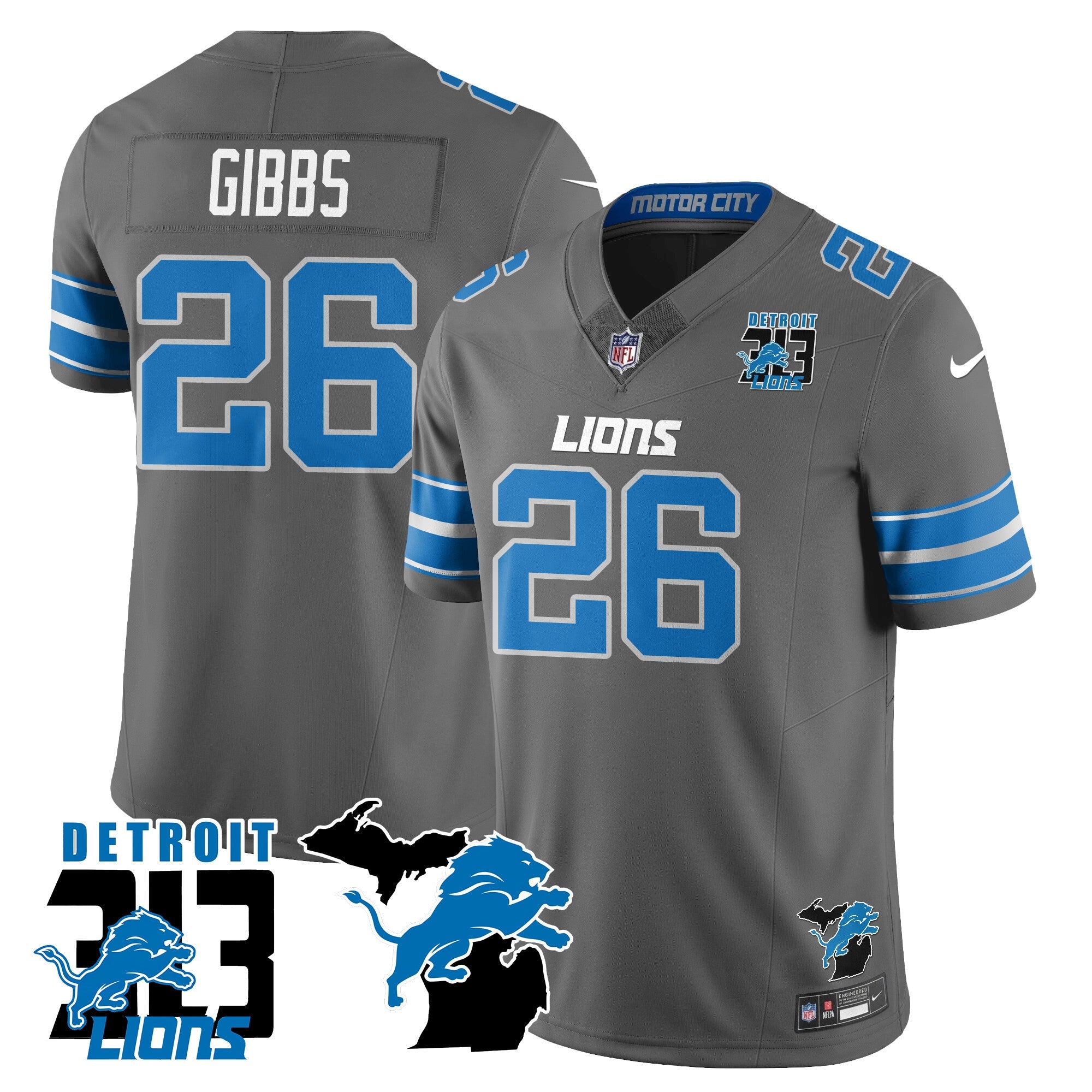 Lions 313 King Of The North Jersey – All Stitched – Jahmyr Gibbs – 26 – Gray Jersey