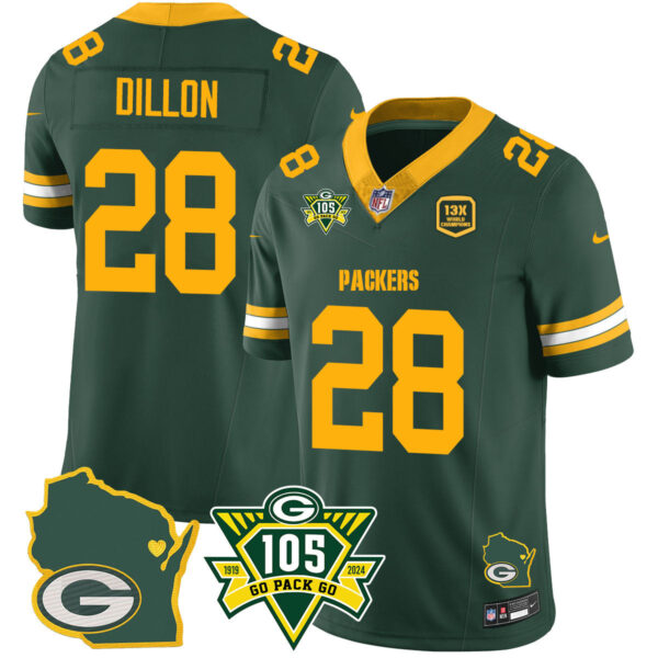 Packers 1919-2024 – The Packers Jersey – All Stitched – AJ Dillon – 28 – Green Jersey